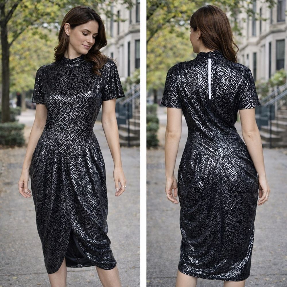 Vintage 70s Harem Draped Disco Dress Black Silver Dots